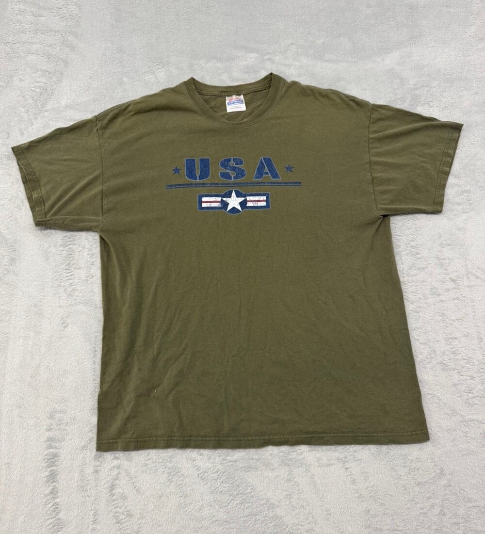 Olive Green USA Graphic T-Shirt XL Grunge Vintage Army Tee